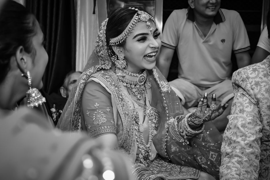 Candid portrait of a laughing bride